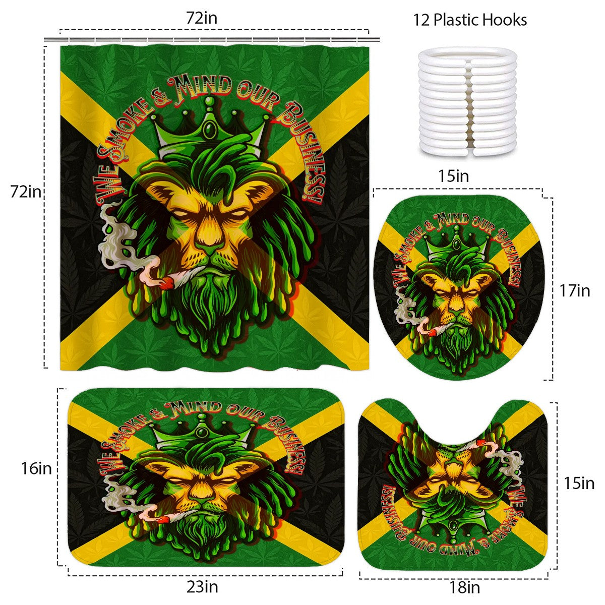Jamaican We Mind Our Business Bathroom Rugs Set with Shower Curtain 4 pcs