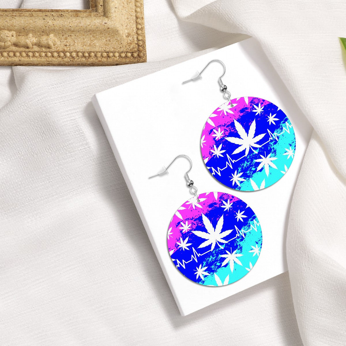 Leather Round Earrings marijuana Leaves