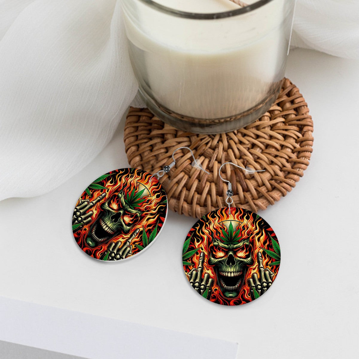 Leather Round Earrings Skull Cannabis's