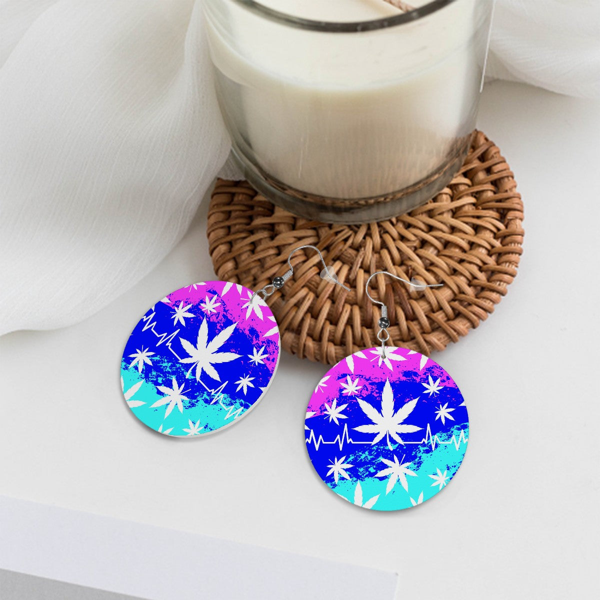 Leather Round Earrings marijuana Leaves