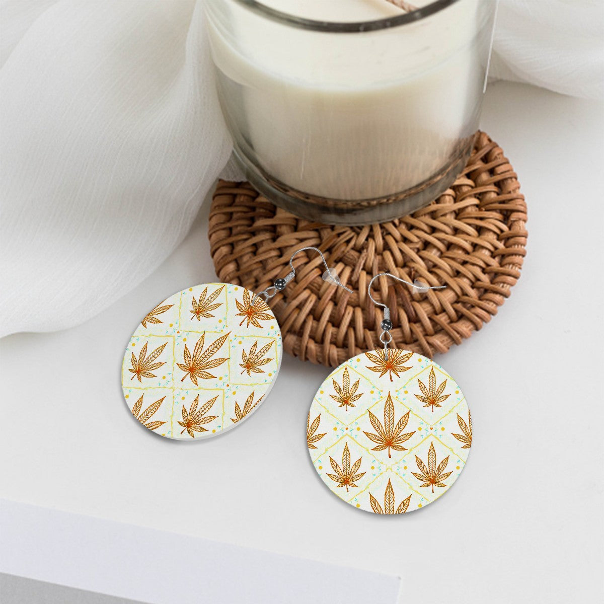 Leather Round Earrings White and Gold