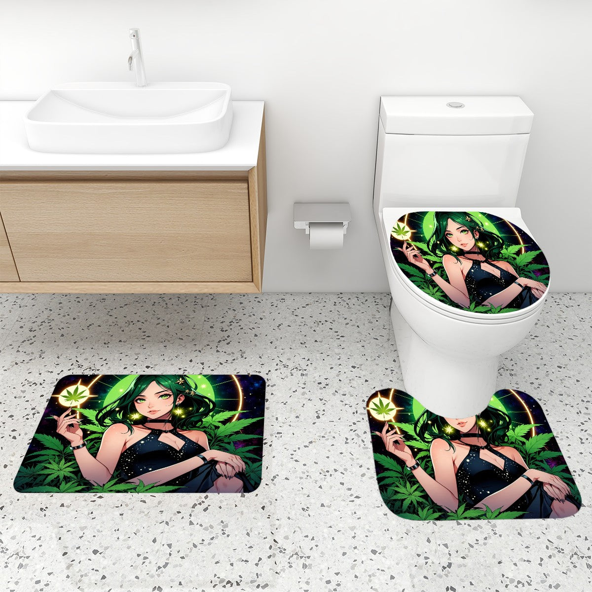 Cannia Queen Bathroom Rugs Set with Shower Curtain 4 pcs