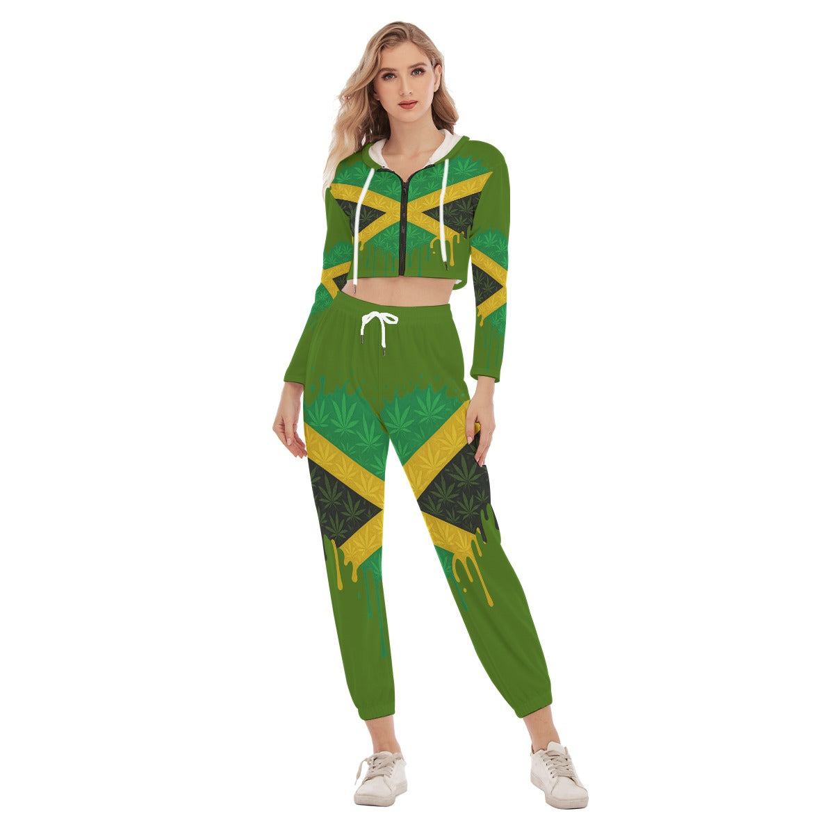 Green Jamaican Women's Crop Hoodie Sports Set