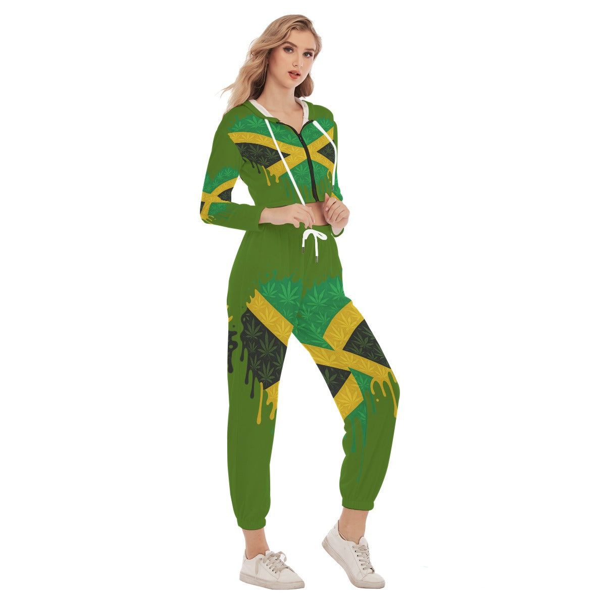 Green Jamaican Women's Crop Hoodie Sports Set