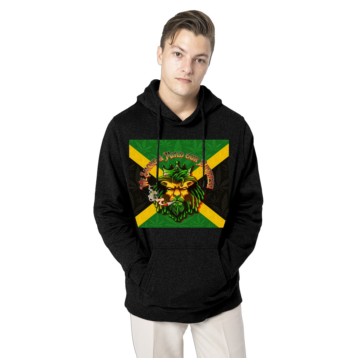 Men's Black We Mind Our Business Fleece Hoodie Front Design