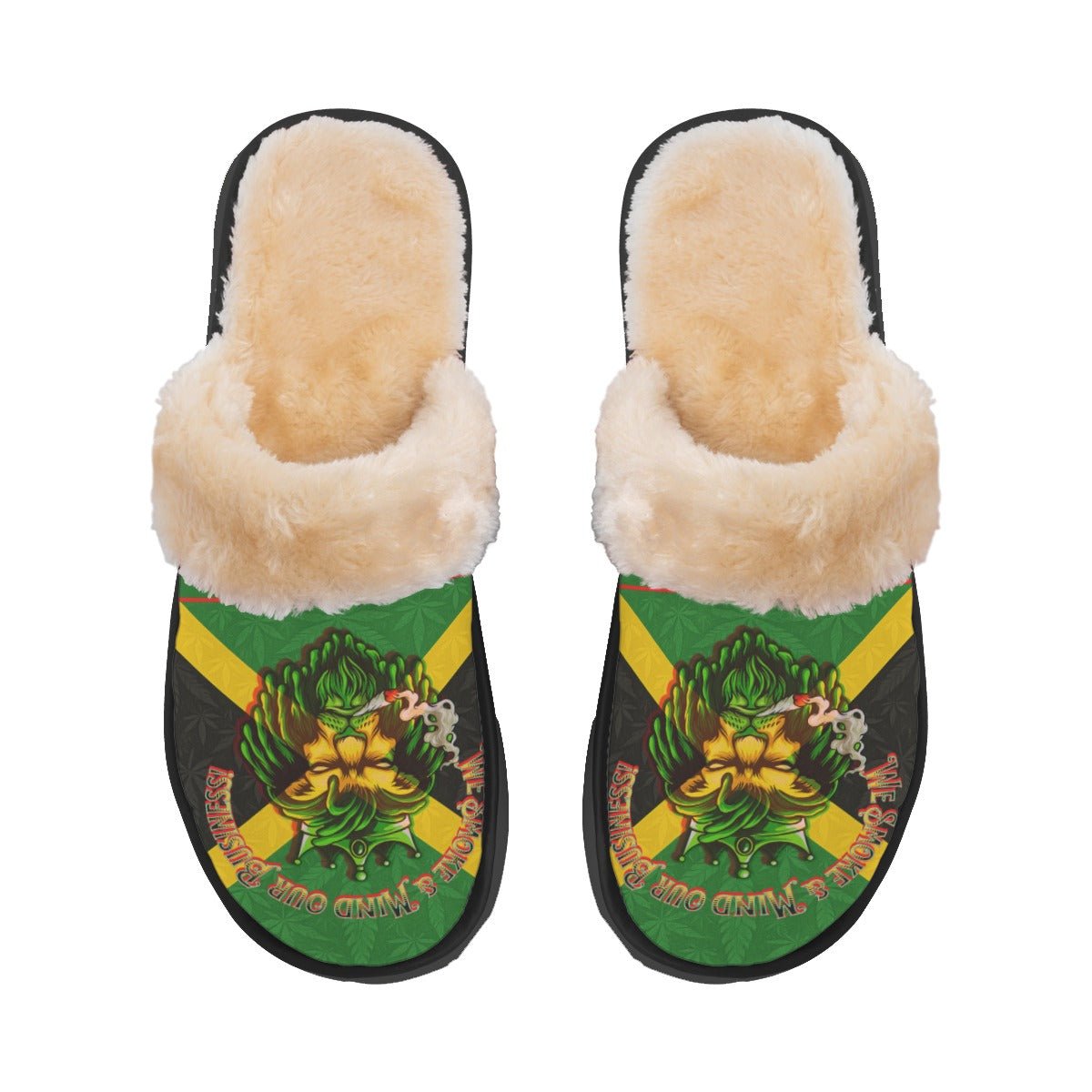 Jamaican We Mind Our Business Men's Home Plush Slippers - Warmth, Non Slip Comfort For Home Use In Autumn And Winter - Cannabis Creations