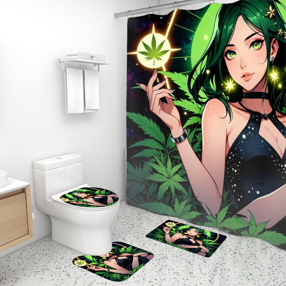 Cannia Queen Bathroom Rugs Set with Shower Curtain 4 pcs