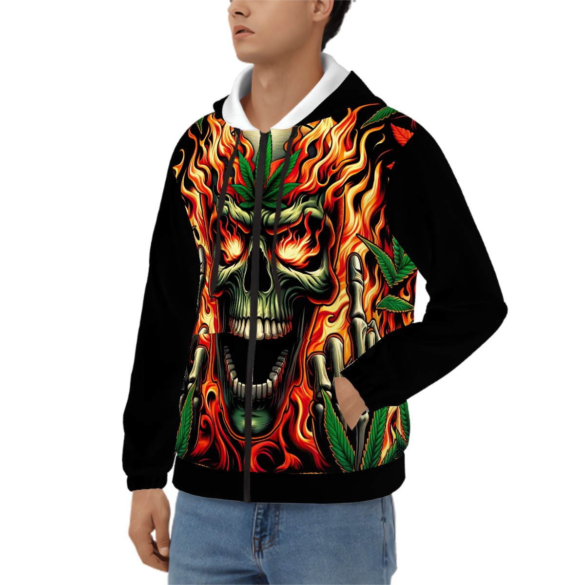 Men's Zip Up Hoodie Skull Canabis