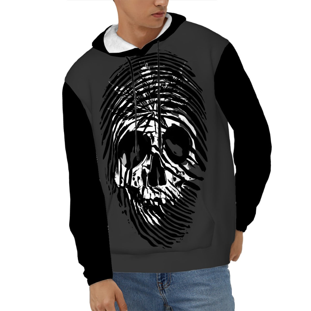 Mens Hoodie with Pockets Black and White Skull