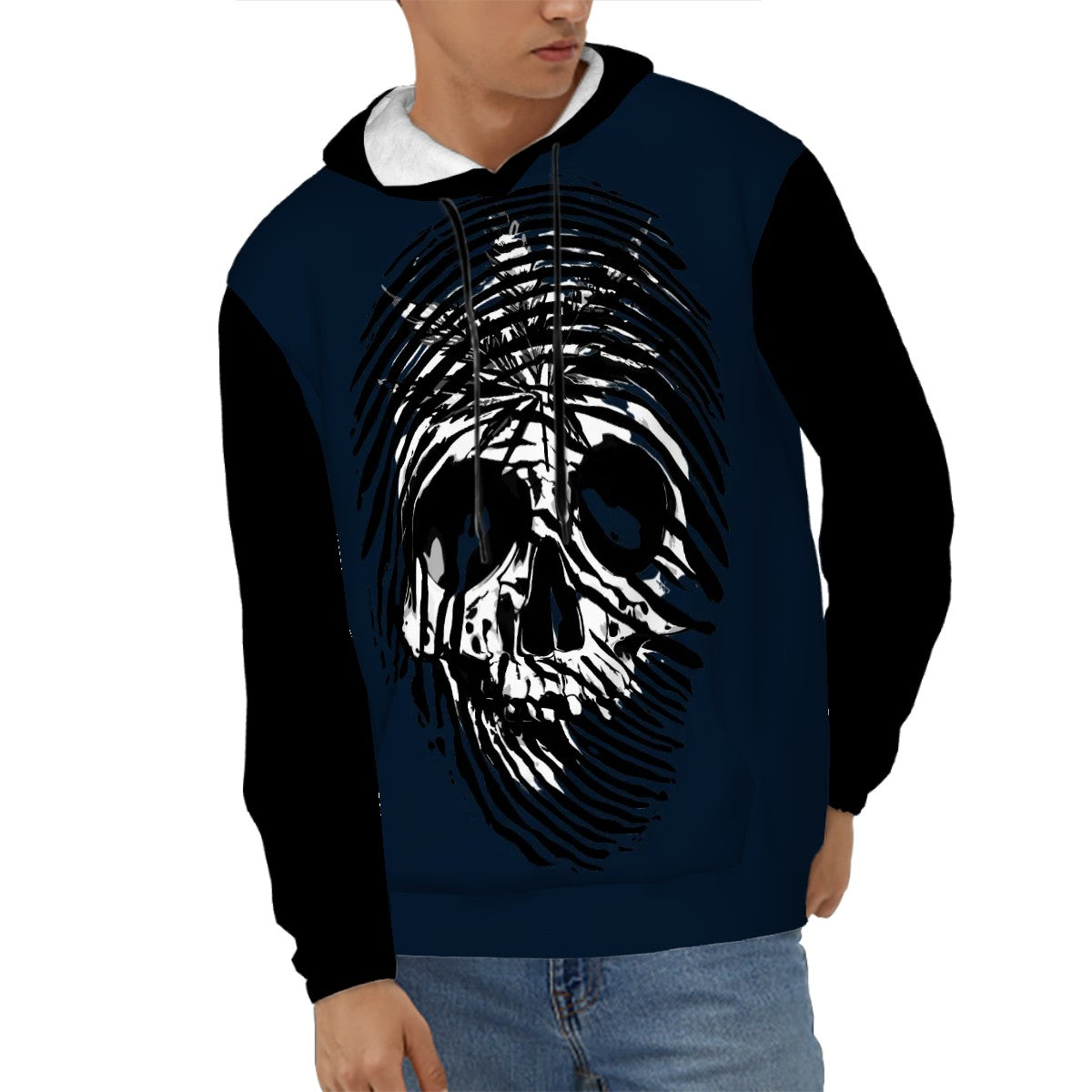 Mens Hoodie with Pockets Black and Blue Skull