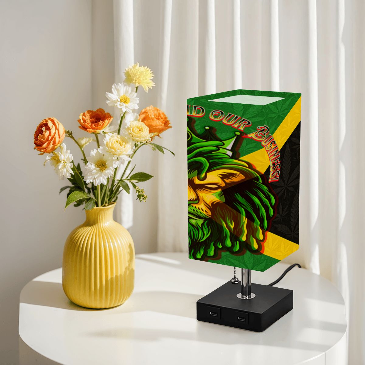 AzureLoom Jamaican Square Table Lamp With USB Ports And Remote Control Soft Linen Shade For Cozy Ambience - Cannabis Creations
