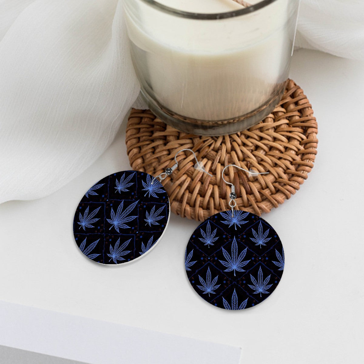 Leather Round Earrings Blue and Black