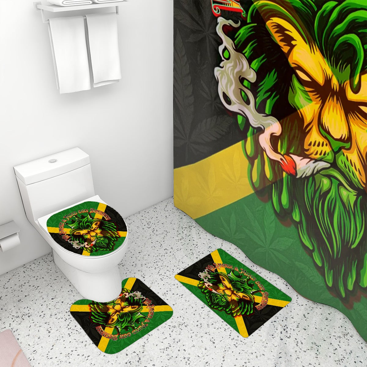Jamaican We Mind Our Business Bathroom Rugs Set with Shower Curtain 4 pcs