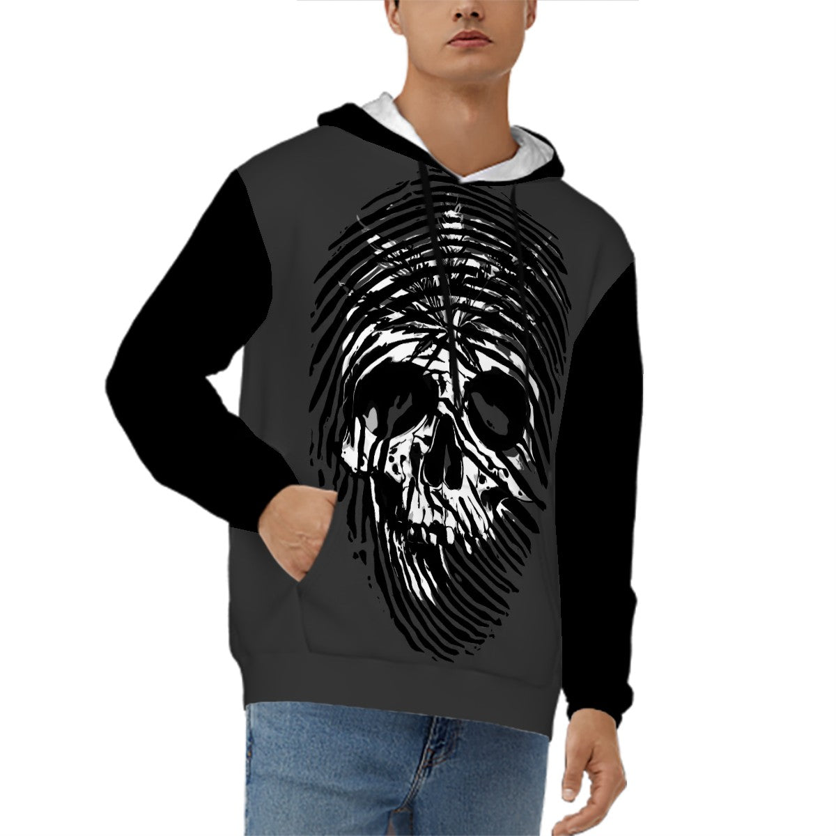 Mens Hoodie with Pockets Black and White Skull