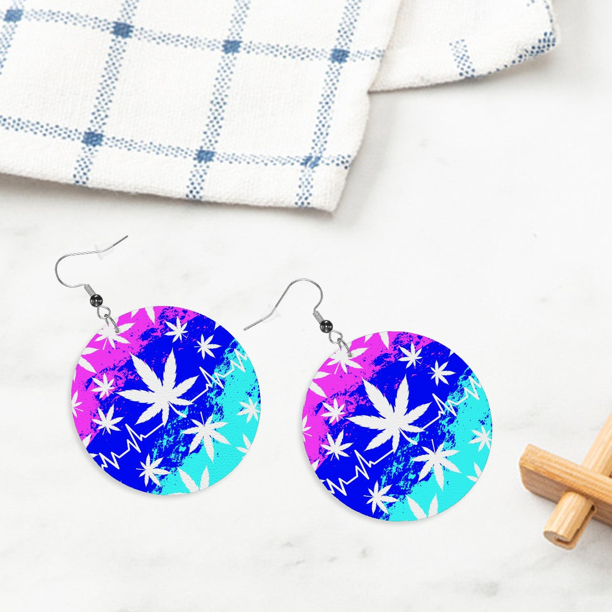 Leather Round Earrings marijuana Leaves