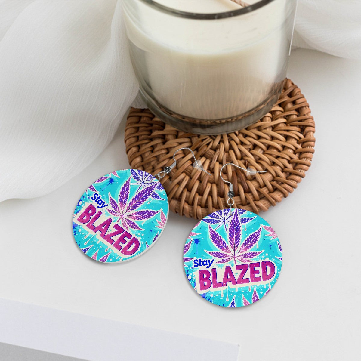 Blazed Blue Leather Round Earrings