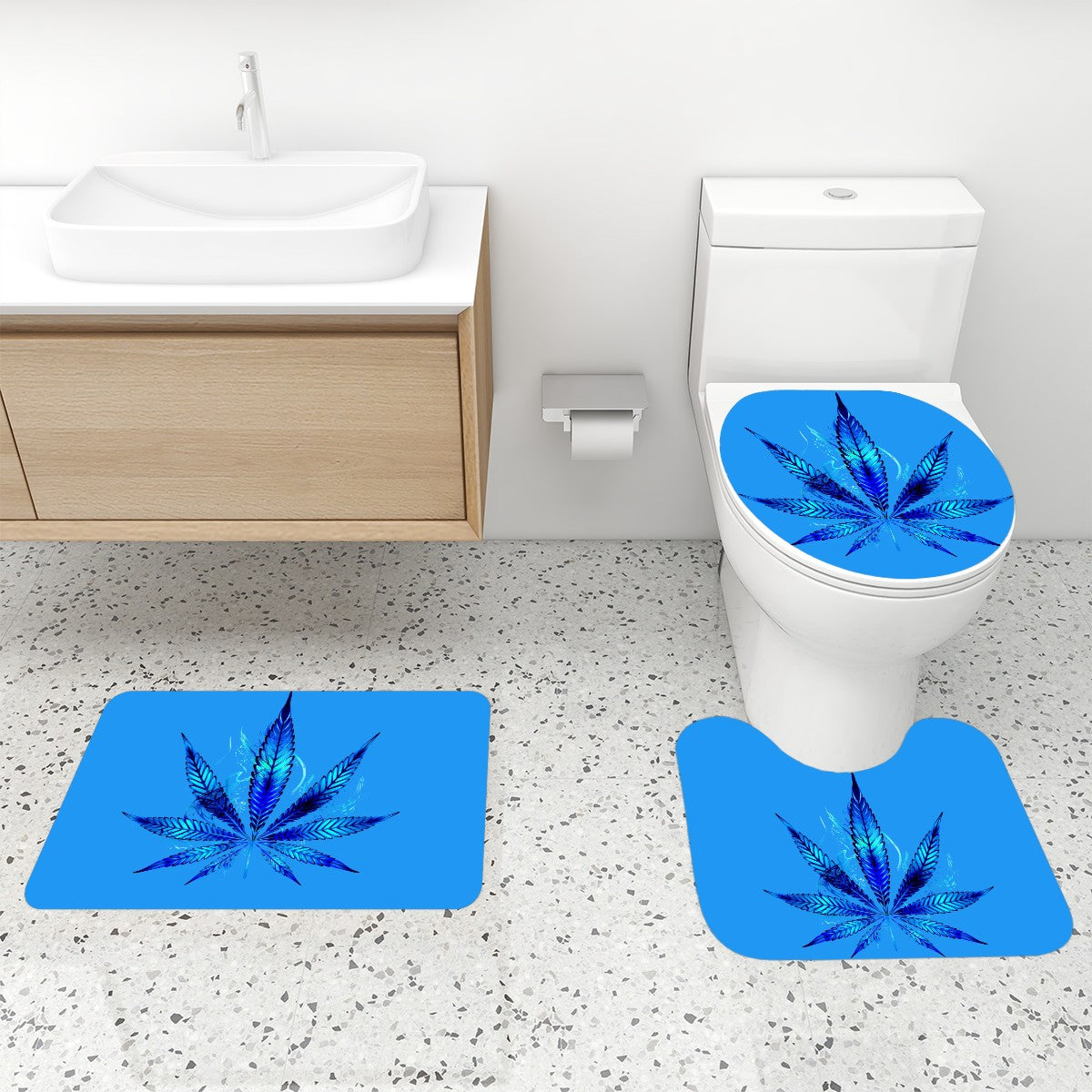 Blue Flames 4 Piece Bathroom Rugs Set with Shower Curtain