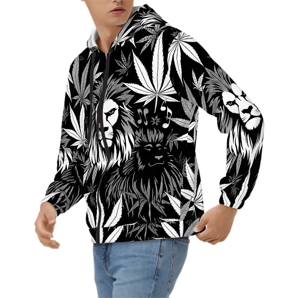 Men's Zip Up Hoodie Black and Whit6e Loin of Zoin