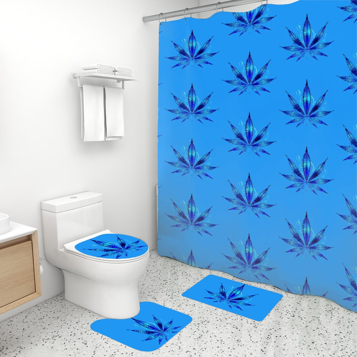 Blue Flames 4 Piece Bathroom Rugs Set with Shower Curtain
