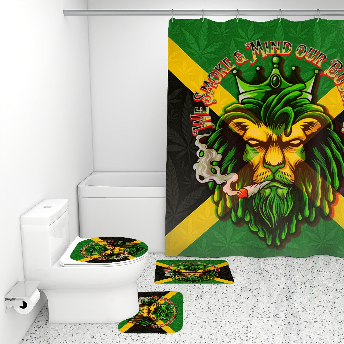 Jamaican We Mind Our Business Bathroom Rugs Set with Shower Curtain 4 pcs
