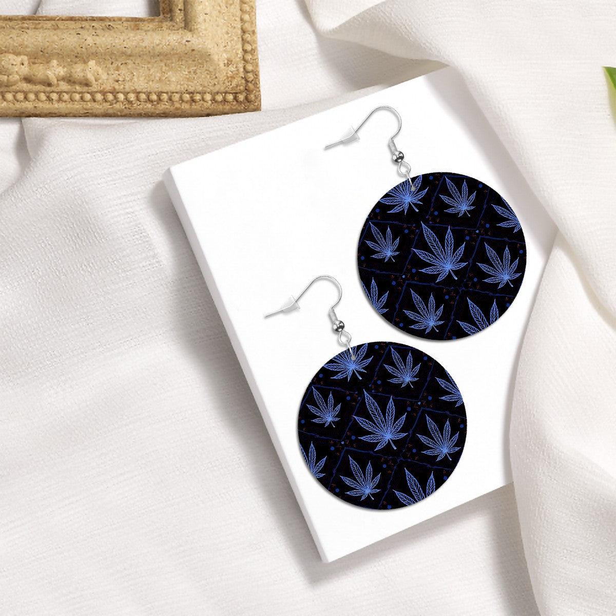 Leather Round Earrings Blue and Black