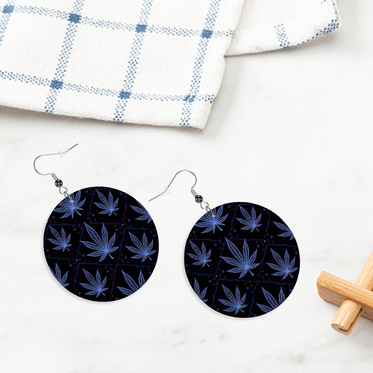 Leather Round Earrings Blue and Black