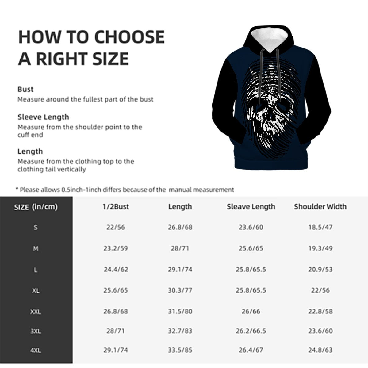Mens Hoodie with Pockets Black and Blue Skull