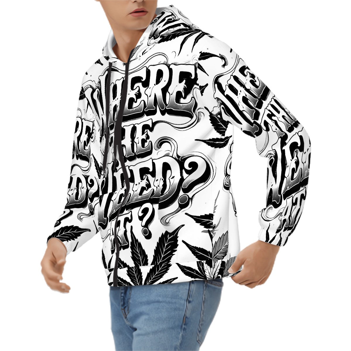 Men's Zip Up Hoodie Black and White Where's The Weed At