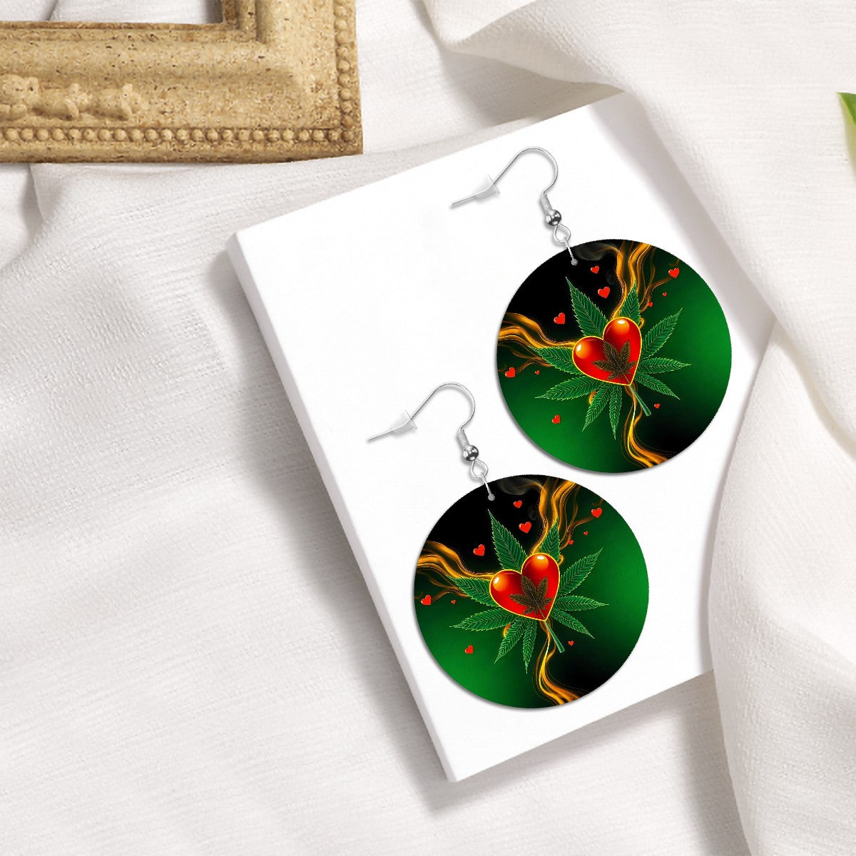 Leather Round Earrings Cannabis