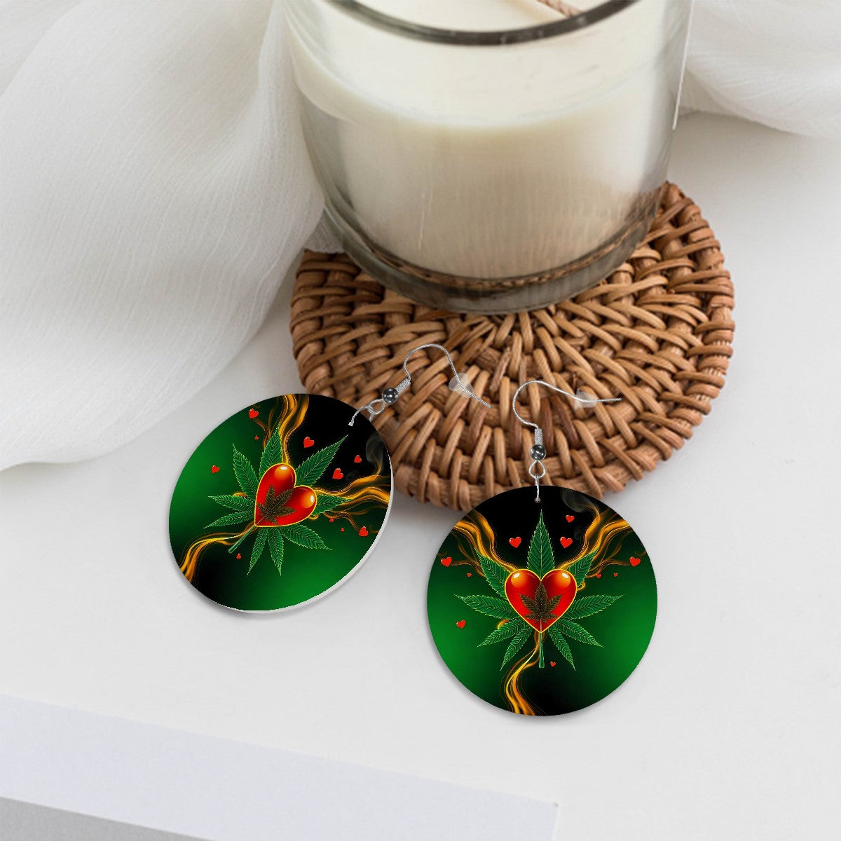 Leather Round Earrings Cannabis