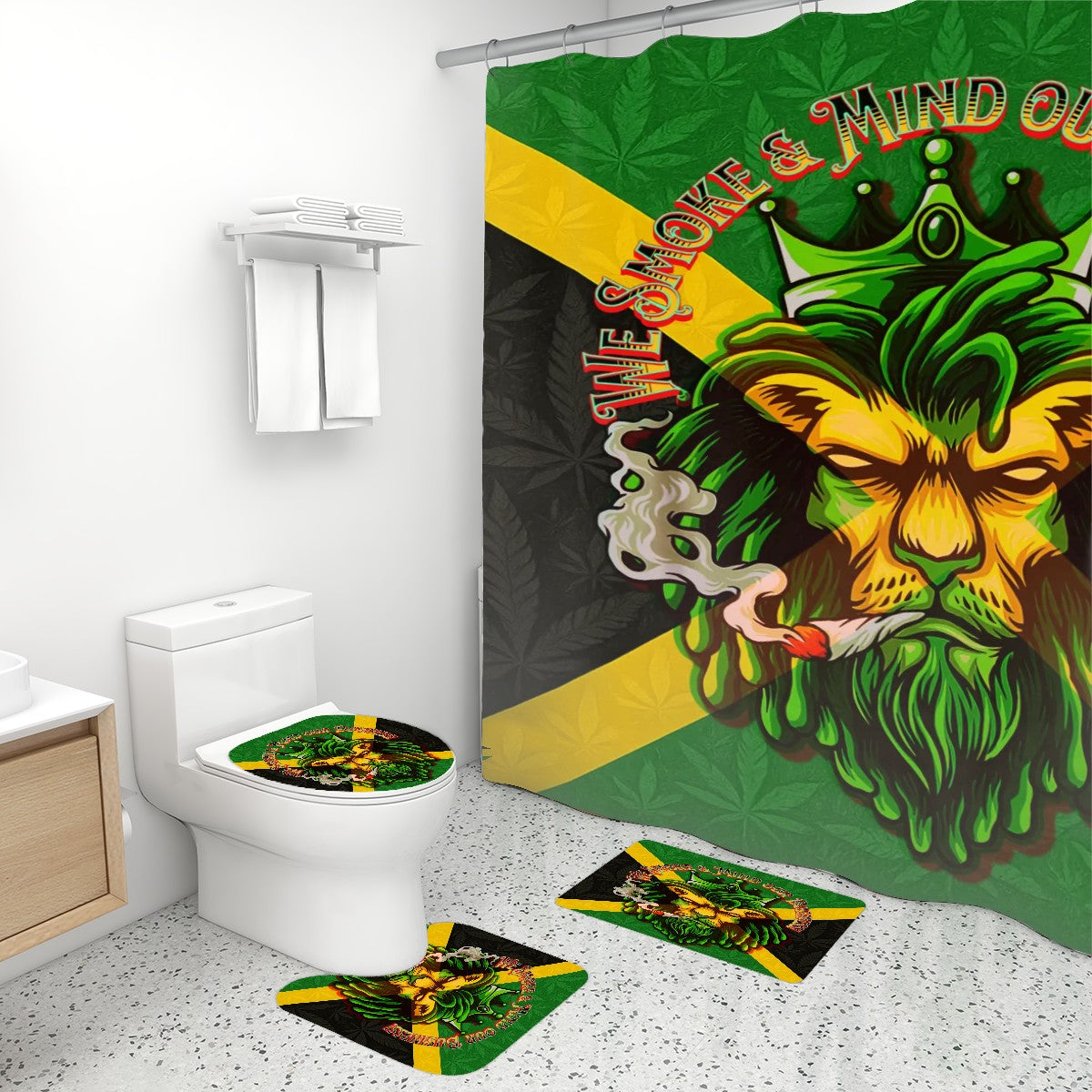 Jamaican We Mind Our Business Bathroom Rugs Set with Shower Curtain 4 pcs