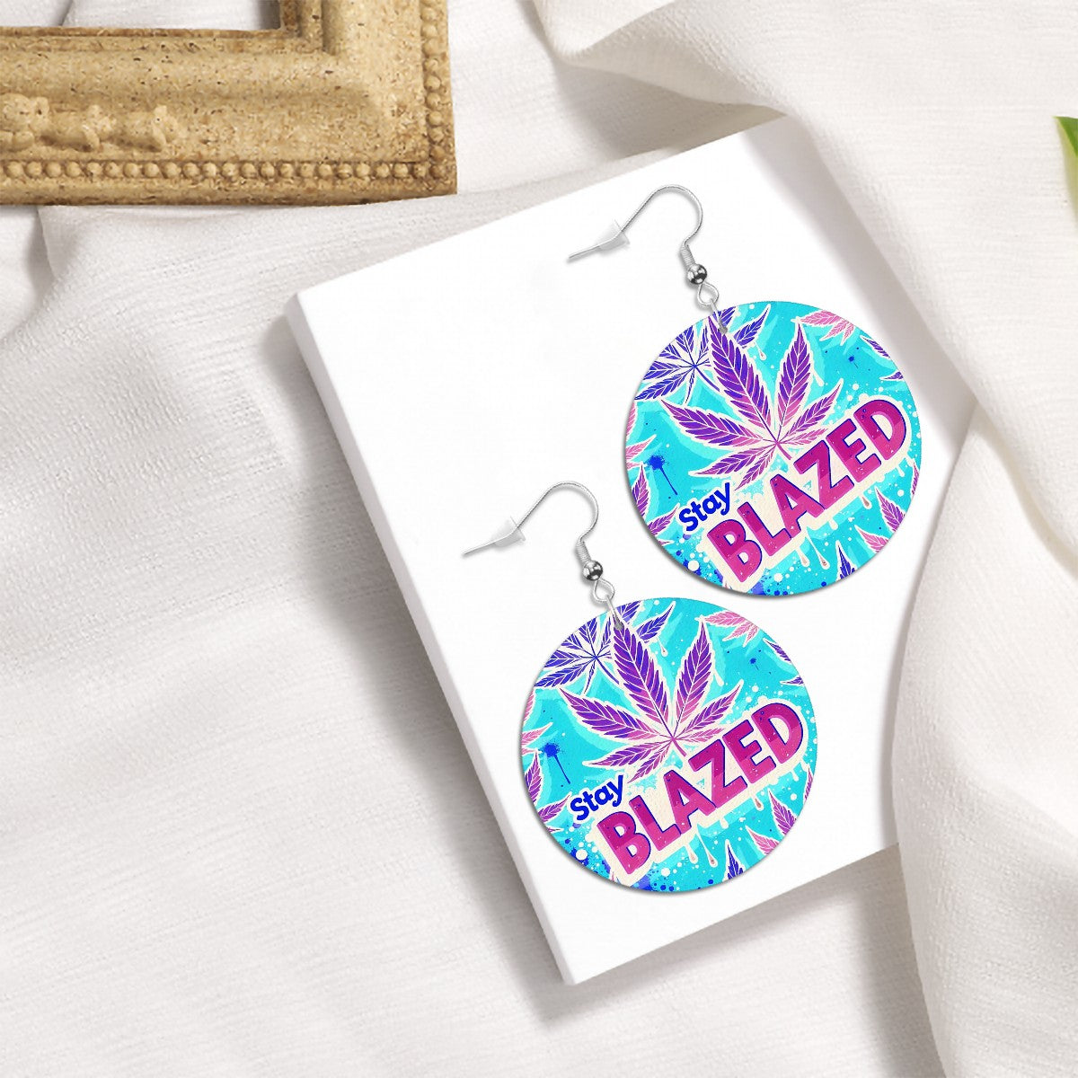 Blazed Blue Leather Round Earrings