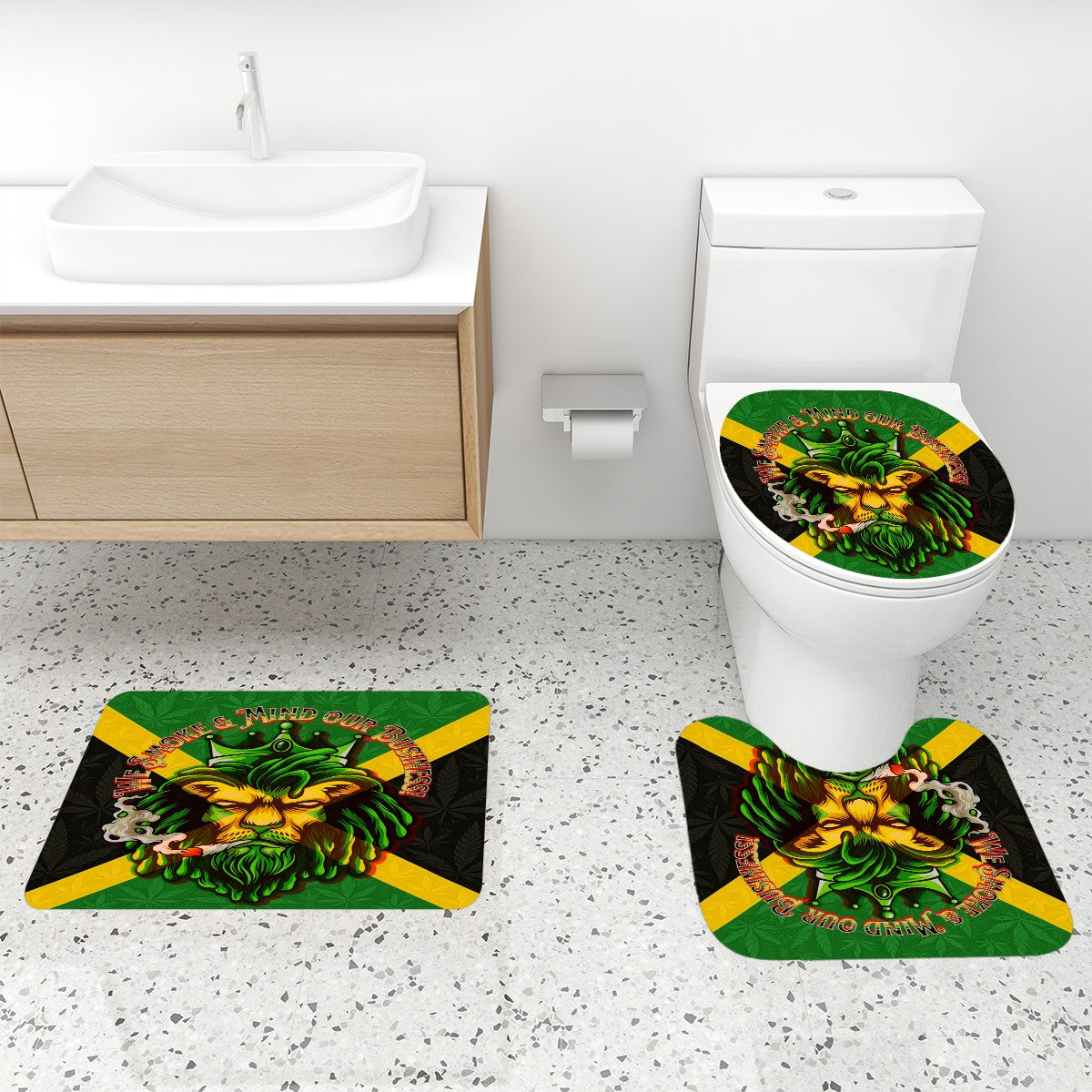 Jamaican We Mind Our Business Bathroom Rugs Set with Shower Curtain 4 pcs