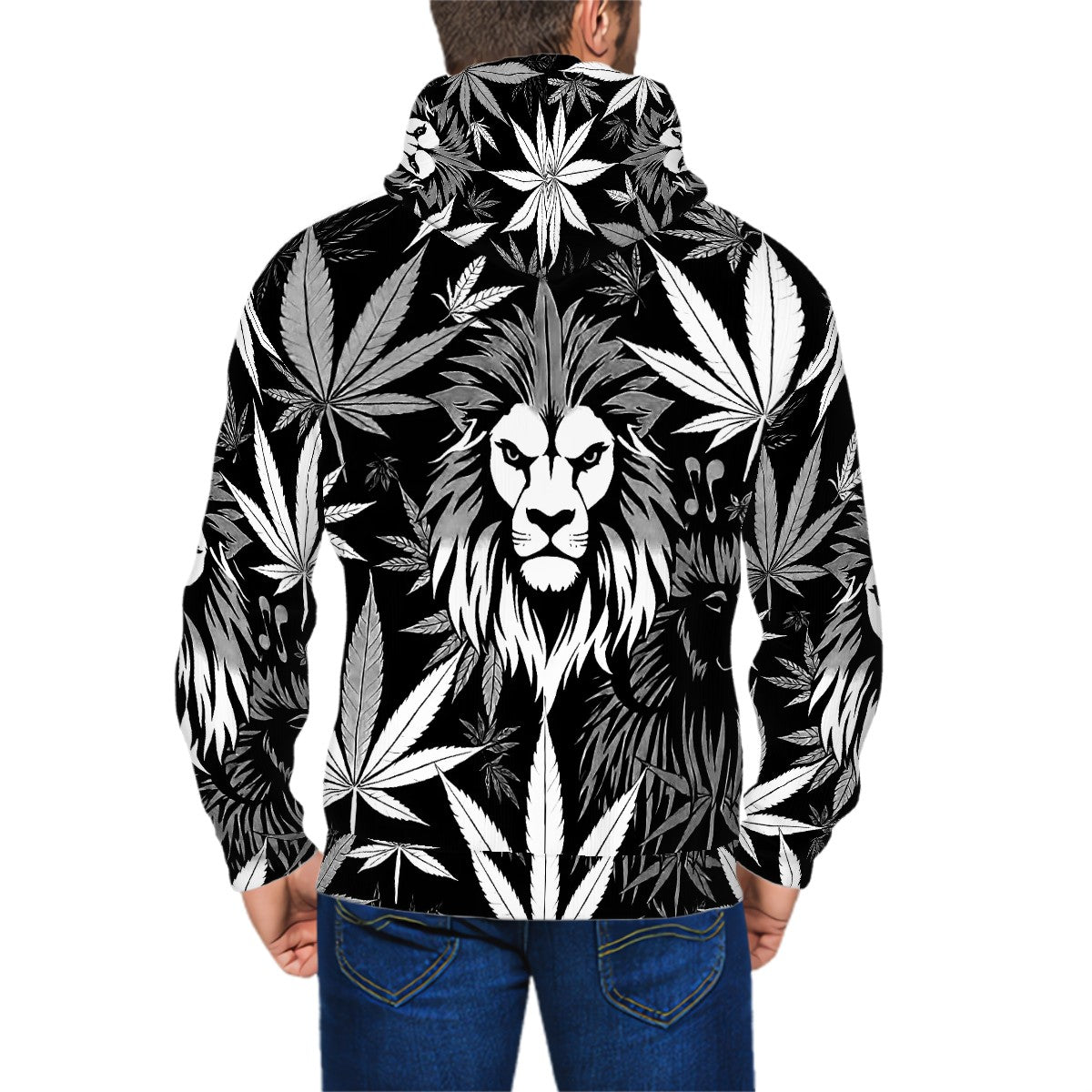 Men's Zip Up Hoodie Black and Whit6e Loin of Zoin