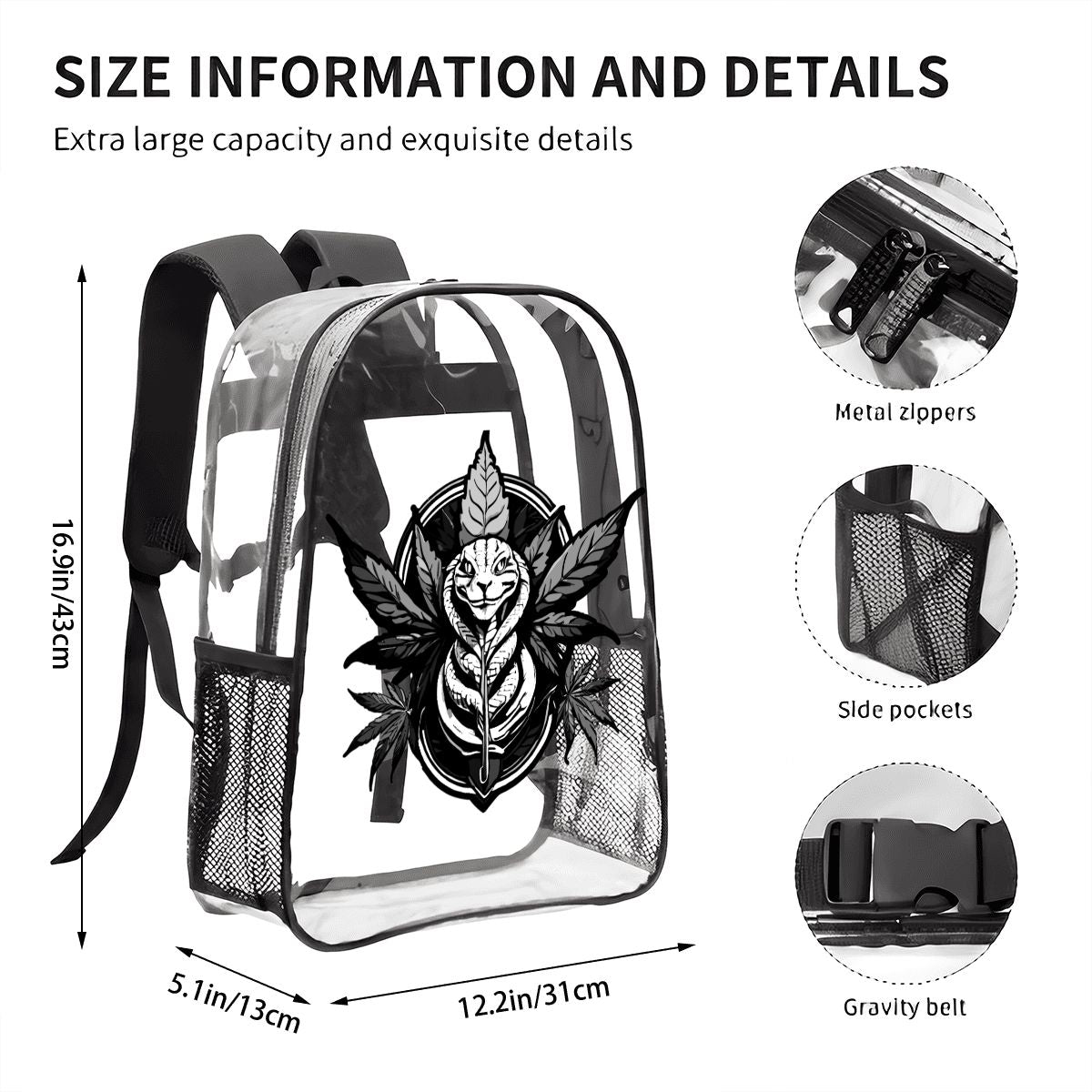 Clear Transparent Backpack – Black Snake Design