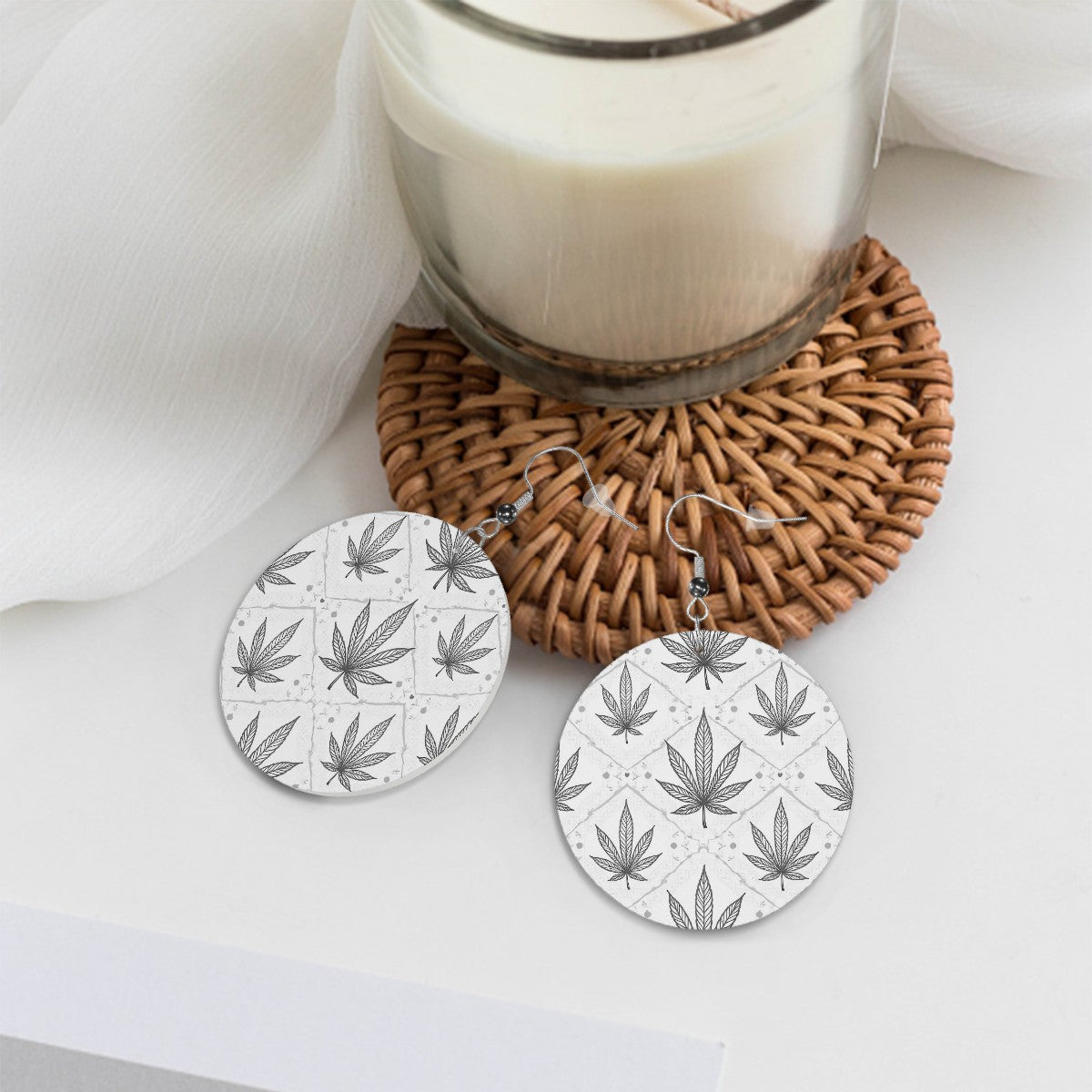 Leather Round Earrings White and Black