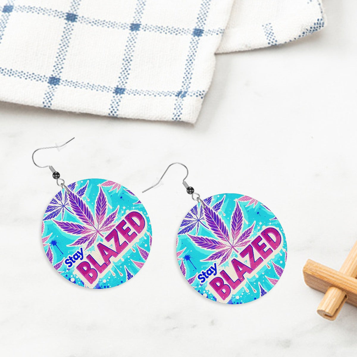Blazed Blue Leather Round Earrings