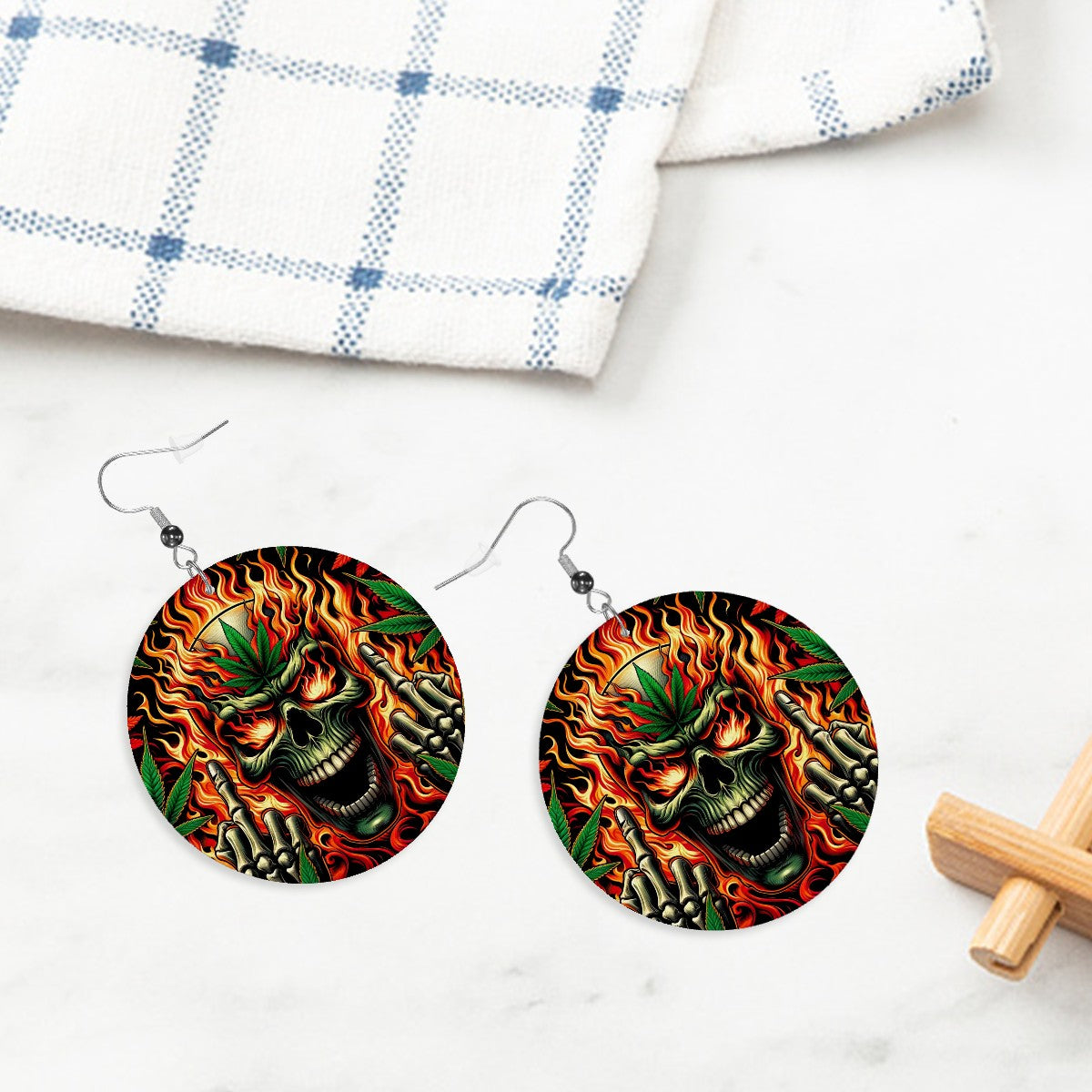 Leather Round Earrings Skull Cannabis's