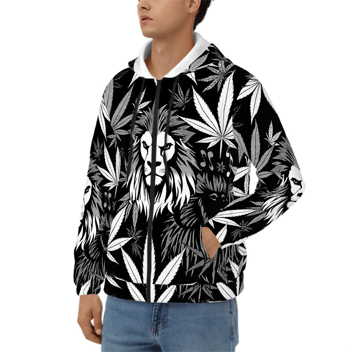 Men's Zip Up Hoodie Black and Whit6e Loin of Zoin