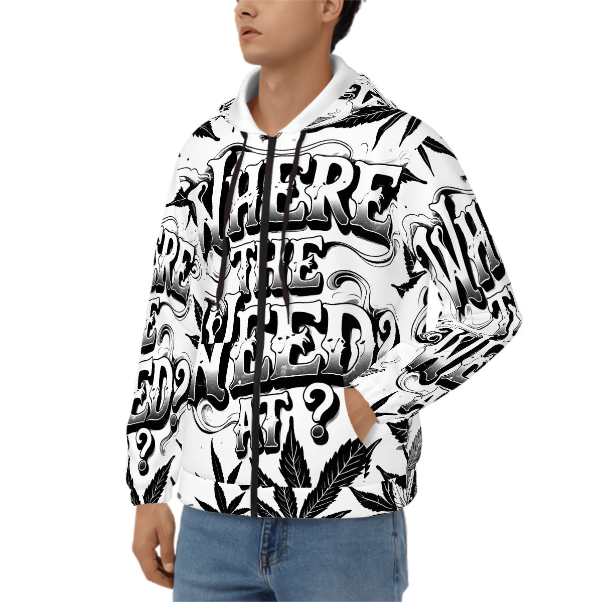 Men's Zip Up Hoodie Black and White Where's The Weed At