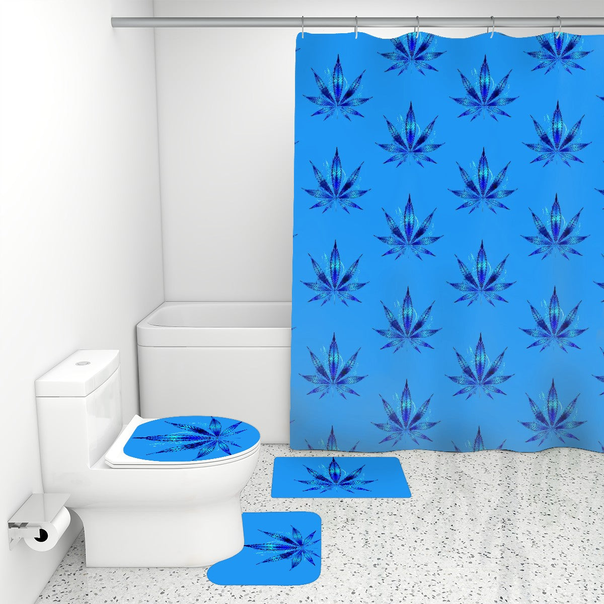 Blue Flames 4 Piece Bathroom Rugs Set with Shower Curtain