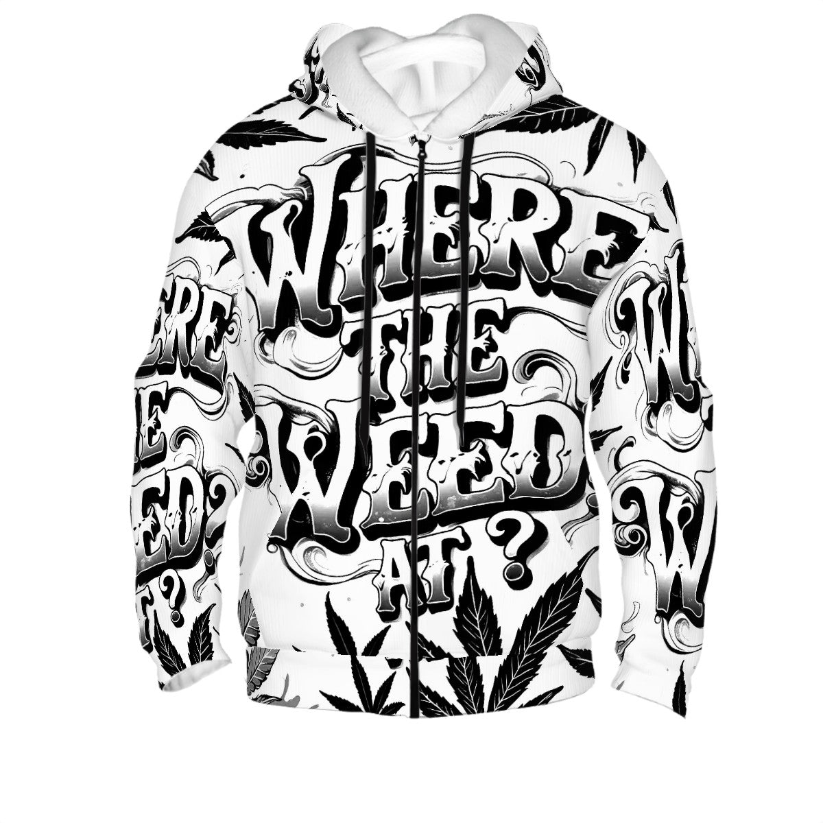 Men's Zip Up Hoodie Black and White Where's The Weed At