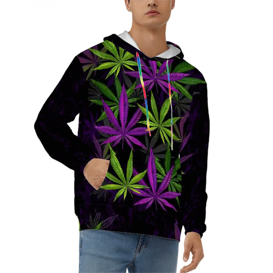 Hoodie for Men Pocket Sweatshirt Purple and Green Cannabis