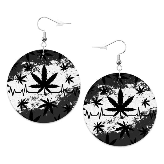 Leather Round Earrings  marijuana Black