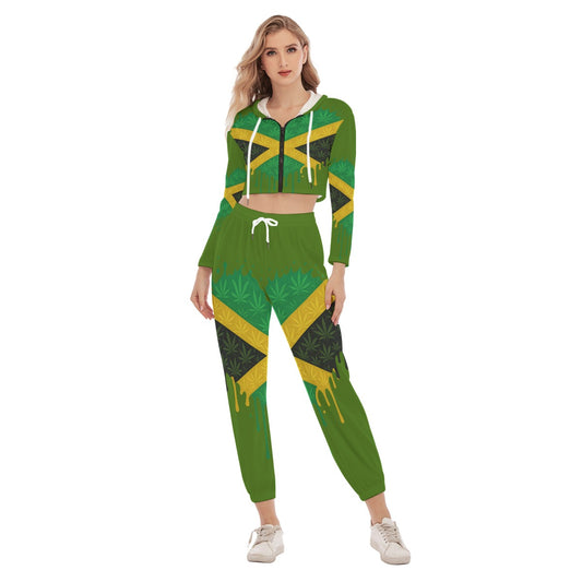 Green Jamaican Women's Crop Hoodie Sports Set