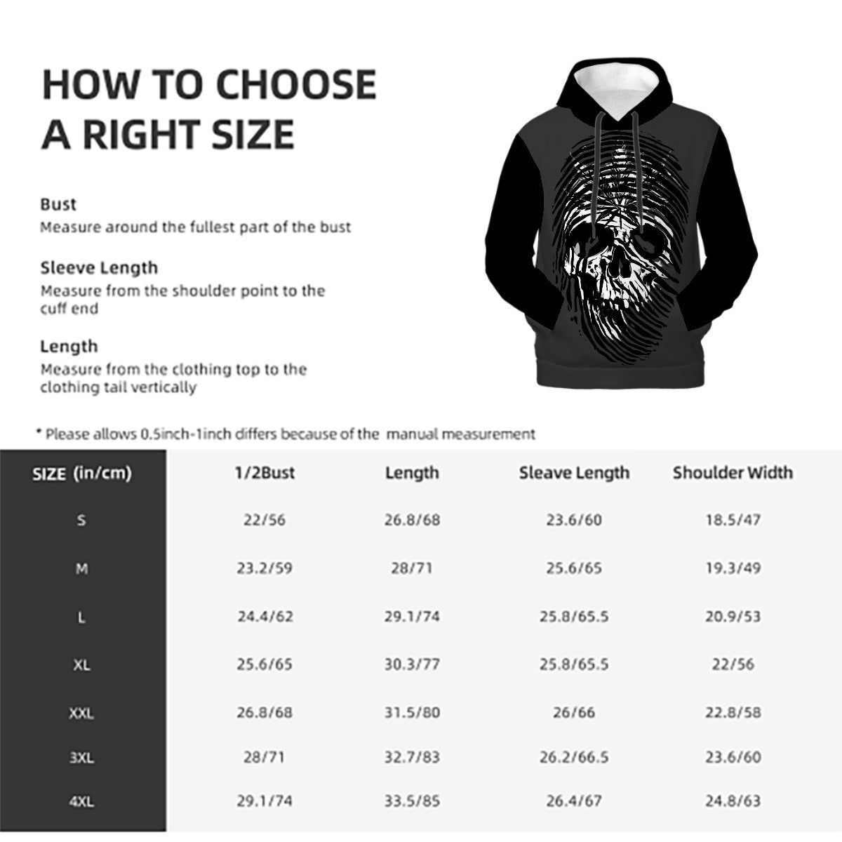 Mens Hoodie with Pockets Black and White Skull