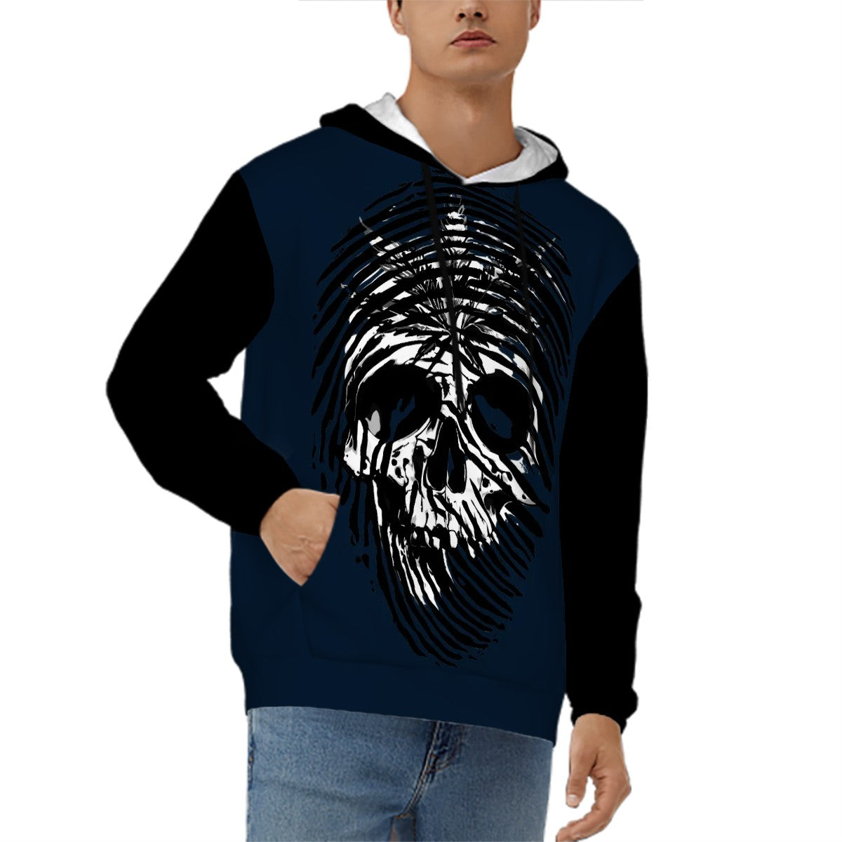 Mens Hoodie with Pockets Black and Blue Skull