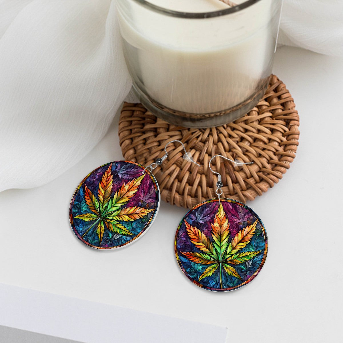 Cannabis Leaf Leather Round Earrings