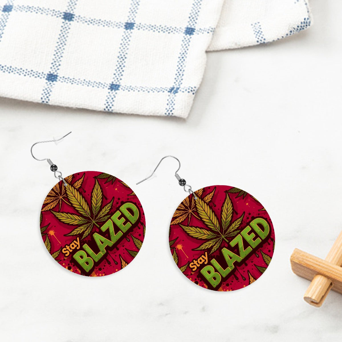 Red Blazed Leather Round Earrings