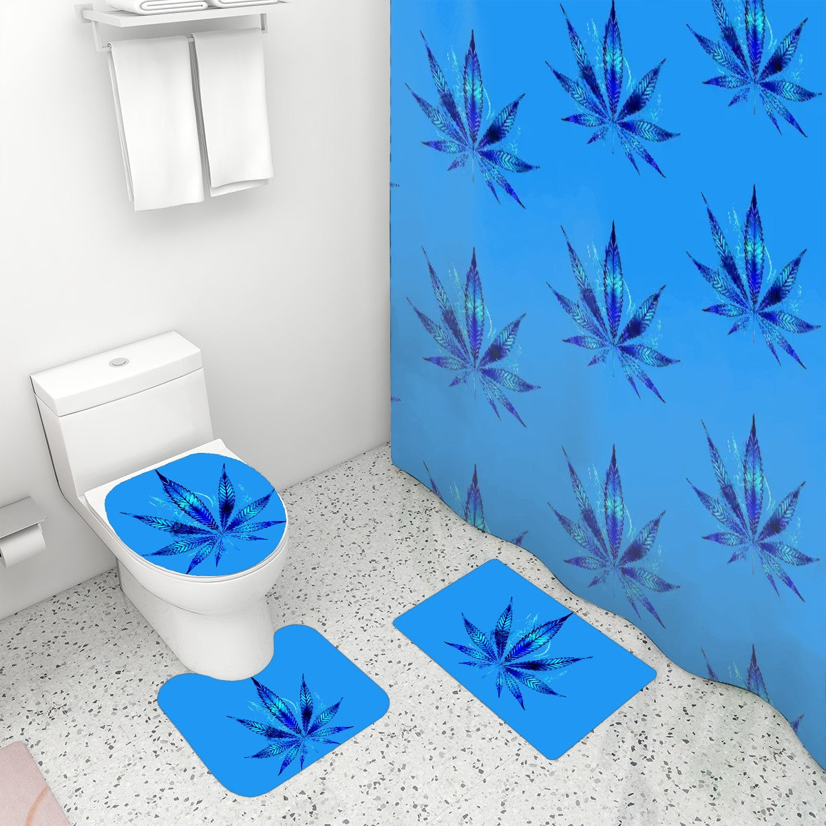 Blue Flames 4 Piece Bathroom Rugs Set with Shower Curtain